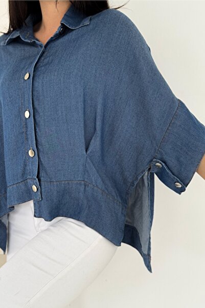 FEMELLE Women's Navy Blue Oversized Standard Size Denim Jeans Poncho Shirt