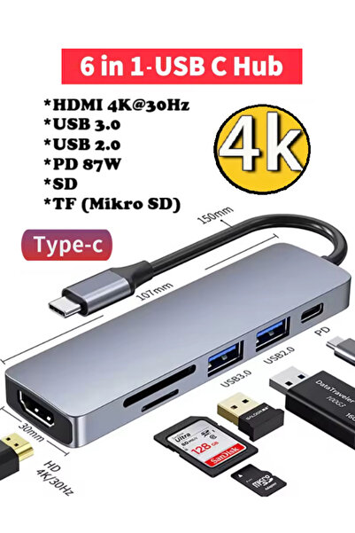 ANKTEK 6 Çıkışlı Çoğaltıcı Dönüştürücü 6 in 1 Type-C Hub Tel PC Tablet 4K HDM...