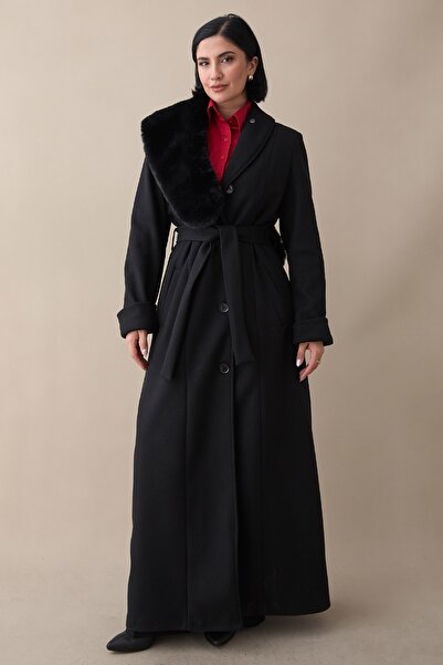 InStyle Black Cashmere Coat with Fur Collar, Fur Lining and Belt