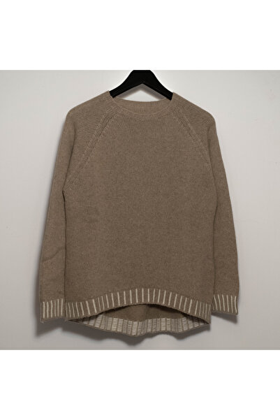 FASHION Wool, Viscose & Cashmere Blend Sweater with Contrast Details - Taupe