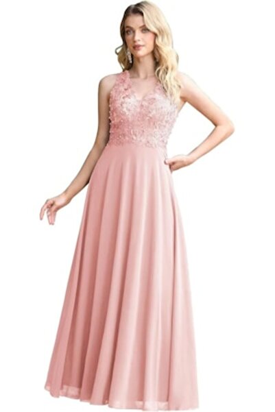 MisShow Long Chiffon Evening Dress, Elegant, Backless, Pink, 32 EU