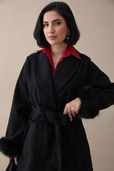 InStyle Black Cashmere Coat with Unlined Plush Sleeves