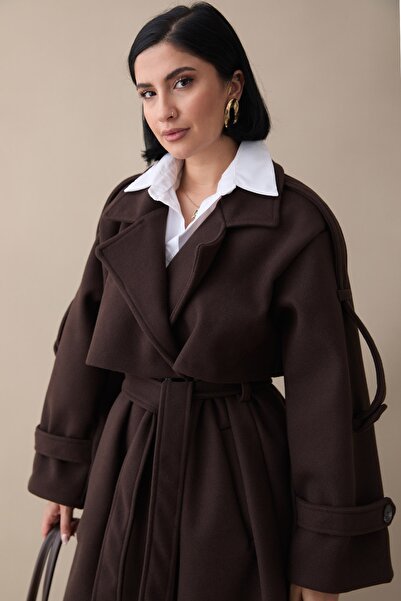 InStyle Oversized Bitter Brown Cashmere Coat with Epaulettes and Belt, Unlined