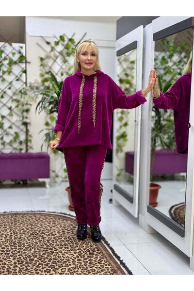 Punta Otantik Nc24145 Italian Hooded Velvet Suit with Leopard Detail, Magenta
