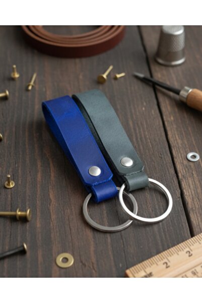 E&F Takı 2 قطعة سلسلة مفاتيح من الجلد الطبيعي باللون الأزرق الداكن والكاكي من الجلد الحقيقي
