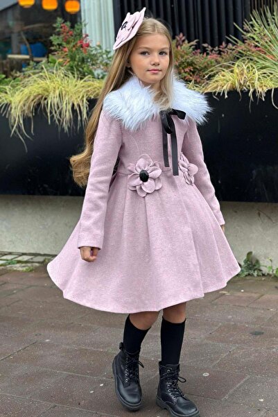 Riccotarz Girl's Fur Collar Powder Cashmere with Floral and Diamond Stone Detail on the Front