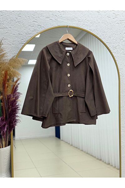 MİHRA STORE Cameron Collar Detailed Gold Buttoned Cape Jacket-Çi̇926 Brown