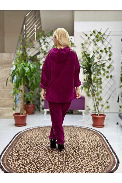 Punta Otantik Nc24145 Italian Hooded Velvet Suit with Leopard Detail, Magenta