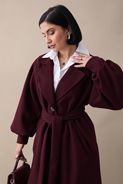 InStyle Double-Breasted Balloon Sleeve Belted Unlined Plum Cashmere Coat