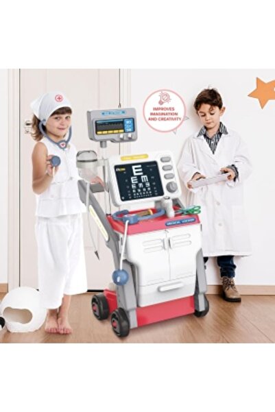 Junios Medical Cart Doctor Play Set - 15 Pieces with Lights and Sounds (Pink)