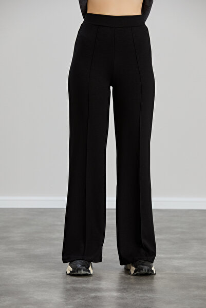 naymanlife Women's Black Winter Modal Wide Leg Soft Textured piped Fleece High Waist Elastic Stretch Fabric Pants