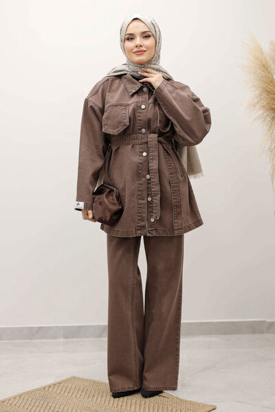Tesettür Dünyası Belted Denim Suit Tsd250231 Milky Brown
