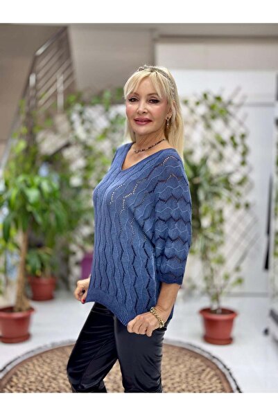 Punta Otantik Nc6071 Italian Fakir Sleeve Zigzag Patterned Thin Knitwear Blouse Blue