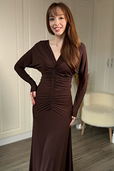 Dilay Gökoğlu Butik V-Neck Back Detailed Long Elegant Dress