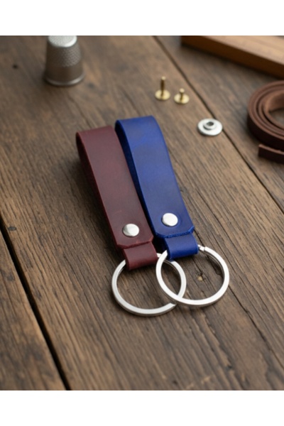 E&F Takı 2 Pcs Real Leather Keychain Burgundy and Navy Blue Genuine Leather K...