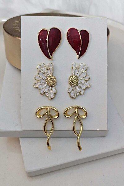 KYOLA DESİGN 3 Çift Kalp Çiçek Fiyonk Kombin Gold Kadın Küpe