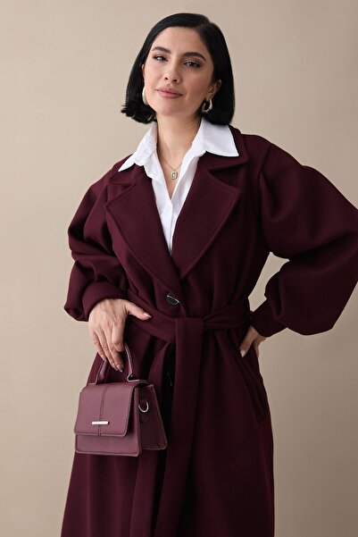 InStyle Double-Breasted Balloon Sleeve Belted Unlined Plum Cashmere Coat