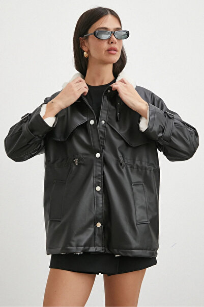 Enter Jachetă din piele cu guler cu blană, neagră