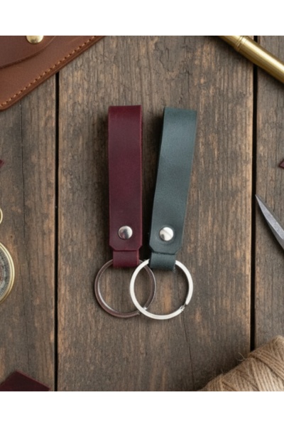 E&F Takı 2 Pcs Genuine Leather Keychain Burgundy Khaki Real Leather Keyring G...