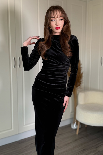 Dilay Gökoğlu Butik Velvet Draped Elegant Midi Dress