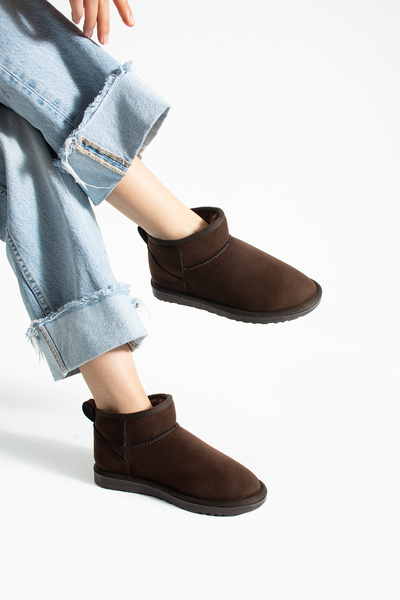 More Kadın Bot Ultra Mini Kahverengi Süet Içi Komple Kürklü KIŞLIK İNCE TABAN