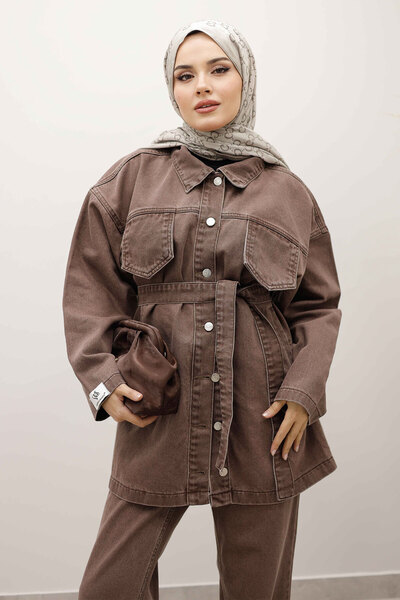 Tesettür Dünyası Belted Denim Suit Tsd250231 Milky Brown