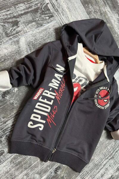 Riccotarz Boy's Digital Network and Writing Printed Hooded Black Jacket Tracksuit Set