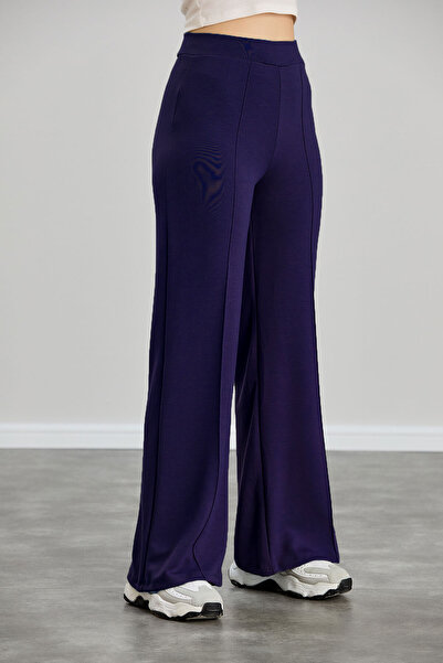 naymanlife Women's Navy Blue Modal Wide Leg Soft Textured piped High Waist Elastic Stretch Fabric Trousers