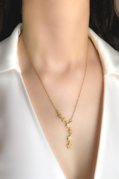 DEMOKAN Women's Steel Necklace Full Zircon Row Star Y Necklace