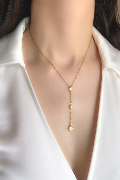 DEMOKAN Women's Steel Necklace Full Zircon Three Pole Star Y Necklace