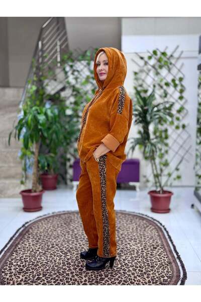 Punta Otantik Nc24145 Italian Hooded Velvet Suit with Leopard Detail Orange