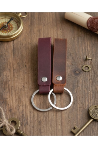 E&F Takı 2 Pcs Real Leather Keychain Burgundy and Tan Genuine Leather Keychai...