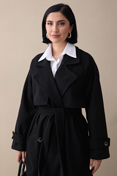 InStyle Unlined Black Cashmere Coat with Hood and Belt