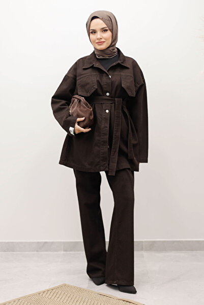 Tesettür Dünyası Belted Denim Suit Tsd250231 Bitter Brown