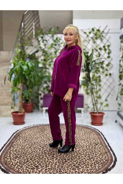 Punta Otantik Nc24145 Italian Hooded Velvet Suit with Leopard Detail, Magenta