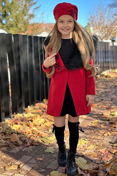 Riccotarz Girl's Red Cashmere Dress with Fur Collar and Clover Detail Skirt