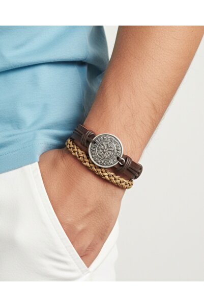 E&F Takı قطعتان من سوار معصم من الجلد الأصلي برمز البوصلة فيجفير، إكسسوار أنيق