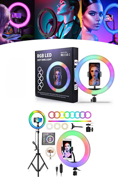 MATECHNO Rgb Işıklı 26 Cm 10 İnç Çok Renkli Led Ring Light 2.1M Tripot Youtube Tiktok Make Up Çekim Işığı