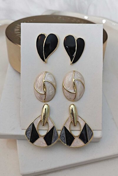 KYOLA DESİGN 3 Çift Siyah Beyaz Sedefli Kombin Gold Kadın Küpe