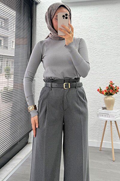 MELEK ARAZ Premium High Waist Belted Pleat Detail Palazzo Pants –Gray