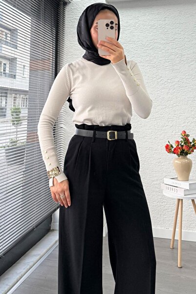 MELEK ARAZ Premium High Waist Belted Pleat Detail Palazzo Pants – Black