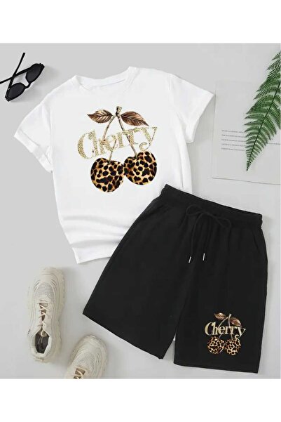 ORVIO Group Leopard Print Cherry Printed T-Shirt and Shorts Set
