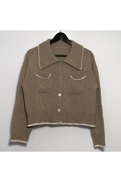 FASHION Cropped Wool, Viscose & Cashmere Blend Polo Cardigan with Front Pocke...