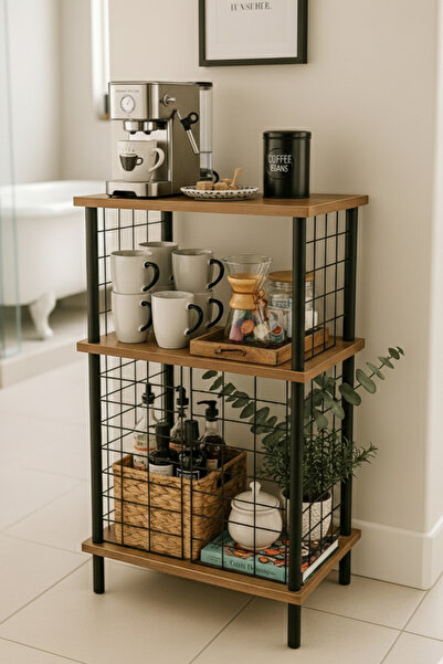 PEKA Metal Kapaklı 3 Raflı Kahve Köşesi Mutfak Dolabı Dekoratif Raf Çok Amaçlı Mutfak Düzenleyici