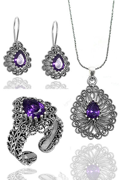 Midyat Nurtaş Gümüş Ametist Taşlı Damla Model Kadın 925 Ayar Gümüş Telkari Üç...