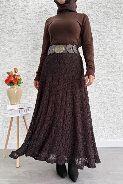 MELEK ARAZ Lace Textured Flared Long Skirt – Brown