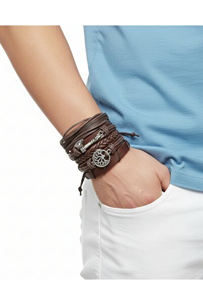 E&F Takı سوار من الجلد الطبيعي مكون من 5 قطع مع تصميم شجرة الحياة والفأس، سوا...