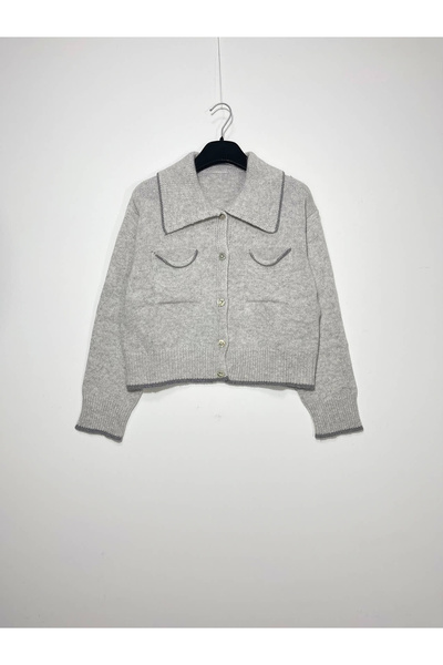 FASHION Cropped Wool, Viscose & Cashmere Blend Polo Cardigan with Front Pockets - Light Grey