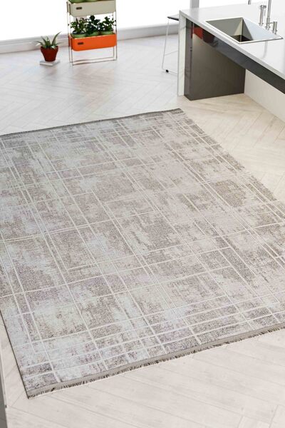 Oriente Home Çizgi Desenli Gri Şönil Makine Halısı Kaymaz Taban Yıkanabilir Mutfak Halısı 8369