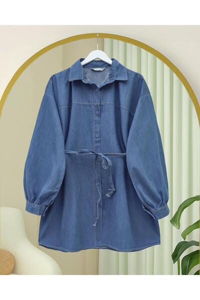 Butik Eylül Buttoned Waist Lace-Up Denim Shirt